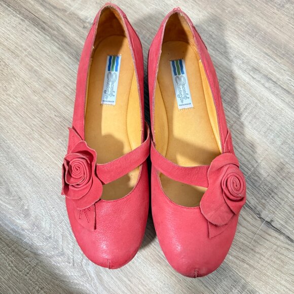 Vintage Arnold Churgin Red Leather Red Mary Jane Flats with 3D Flower Fairy 38 - Picture 6 of 11